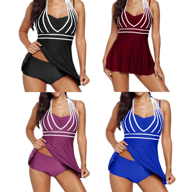 New Sexy Plus size 5XL Striped Halter Skirt Swimwear Women Two piece Suits Swimsuit Tankini Female Bathing suit Swimwear Dr