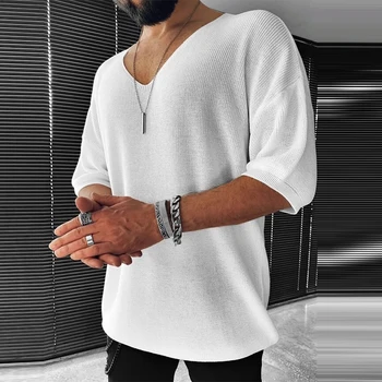 Autumn New Casual Knitted Sweater For Men Half Sleeve V-Neck Solid Jumpers Tops Fashion Slim Fit Sweaters Mens