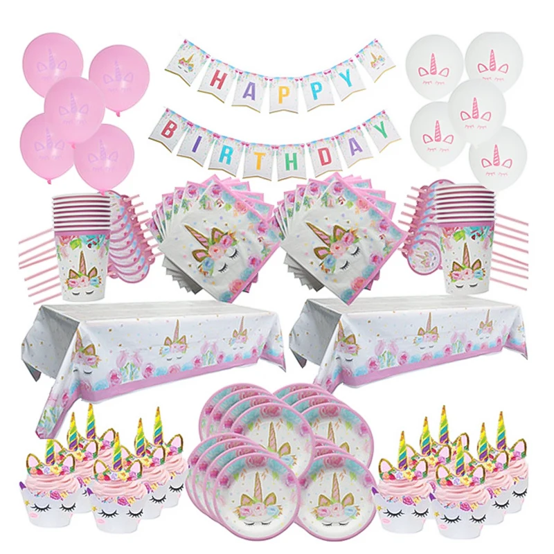 93 pçs unicórnio kit de talheres feliz aniversário meninas unicornio festa decoração papel banner copo placa bolo embrulho chá de fraldas deco