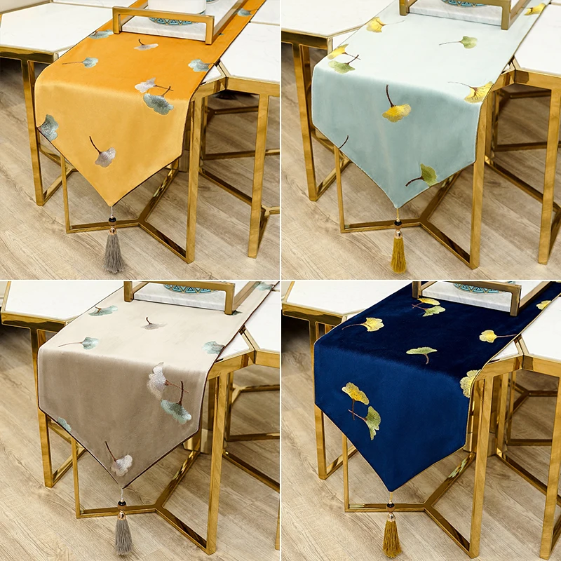 Luxury Embroidery ginkgo leaf Velvet Table Runner New Chinese style Table Decoration Tea Table Cloth Christmas Dining Table Mat