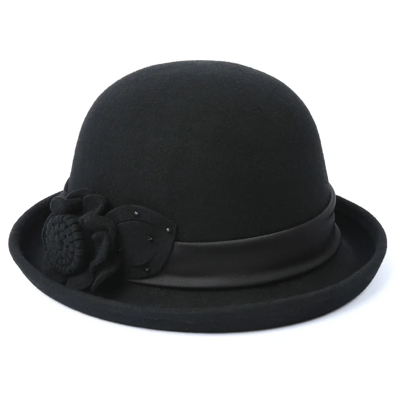 Black FS, модная шерстяная накидка, женские вечерние шапки винно-красного цвета, Высококачественная шерстяная фетровая шляпа, шапка, подарок матери, Женская осенне-зимняя Кепка - Цвет: Black