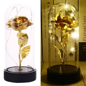 

Imitation Gold Foil Rose Glass Cover Valentine'S Day Eternal Rose Flower Simulated Rose Plastic LED Light Wedding Celebration
