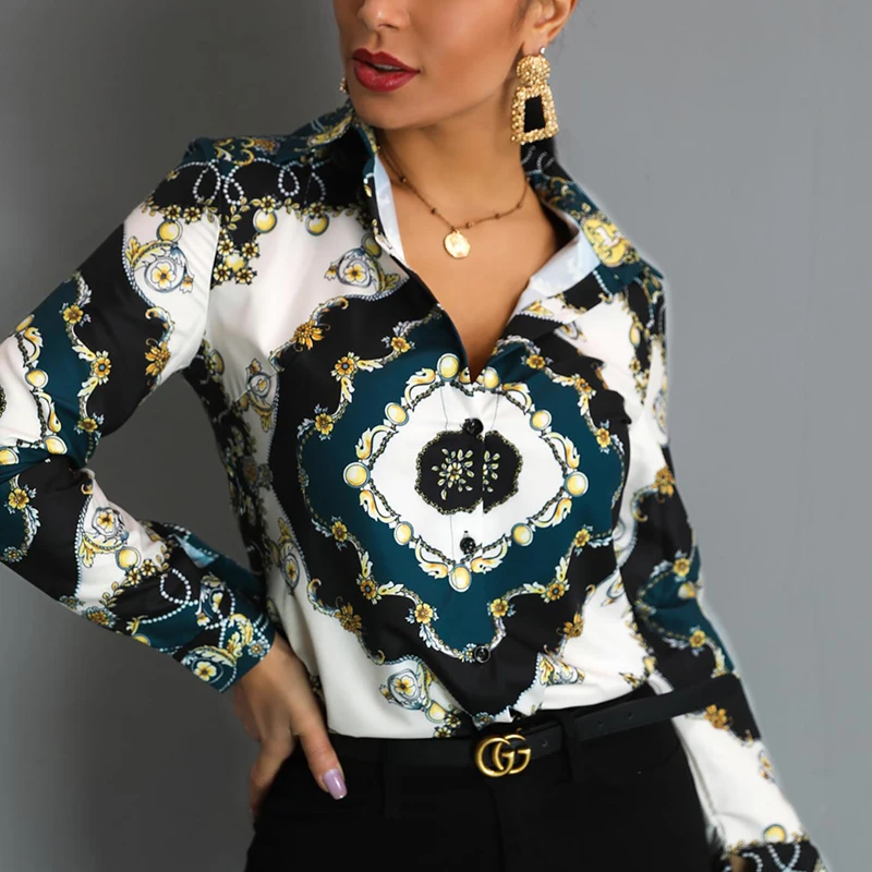  Women Elegant Office Lady Tops Blouses 2019 Spring Turn Down Collar Long Sleeve Chain Scarf Print O