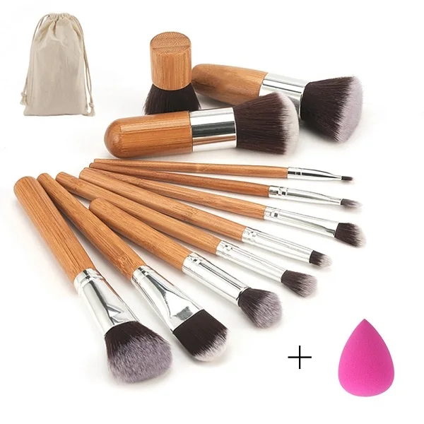 as picture show Beauty Makeup Set Professional Bamboo Handle Makeup Brushes Eyeshadow Concealer Blush Foundation Brush+ Blending Sponges Puff - Цвет: as picture show