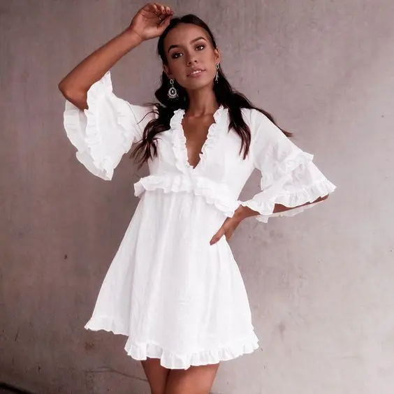 

Elegant Ruffle Sexy V-neck Dress for Women white dress women vintage summer dress women party dress