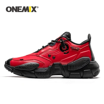 

ONEMIX Men Sneakers Technology Style Leather Damping Comfortable Men Red Sport Running Shoes for Women Platform Retro Dad Shoes