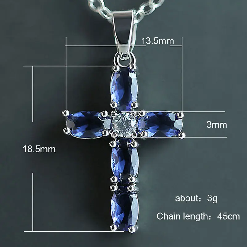 Huitan Fashion Oval Blue Stone Cross Pendent Delicate Women Necklace Daily Wear Anniversary Christmas Gift High Quality Jewelry