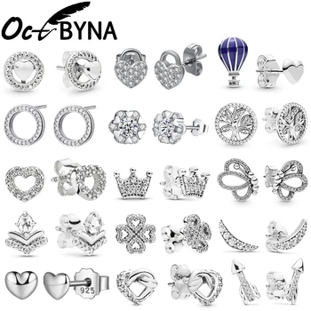 

Octbyna Silver Color Fashion Crystal Brand Stud Earring Heart-shaped Wedding Engagement Crown Stud Earring For Women Jewelry