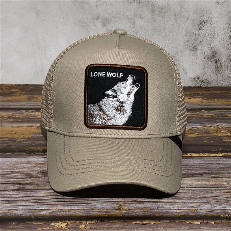 khaki LONE WOLF Высокое качество Одинокий волк петухи Животное Бейсболка s Сетка Дальнобойщик Кепка петухи шляпа c вышивкой, для отца Мужская и Женская Бейсболка s - Цвет: khaki LONE WOLF