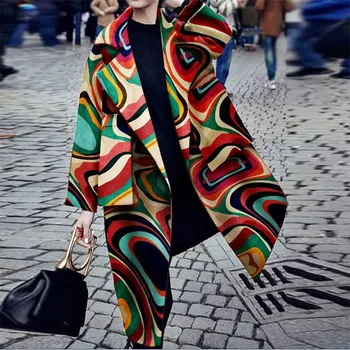 

Winter Colorful Print Coat for Women 2019 Fashion Geometric Print long Loose Overcoat Femma Long Sleeved Open Stitch Coats