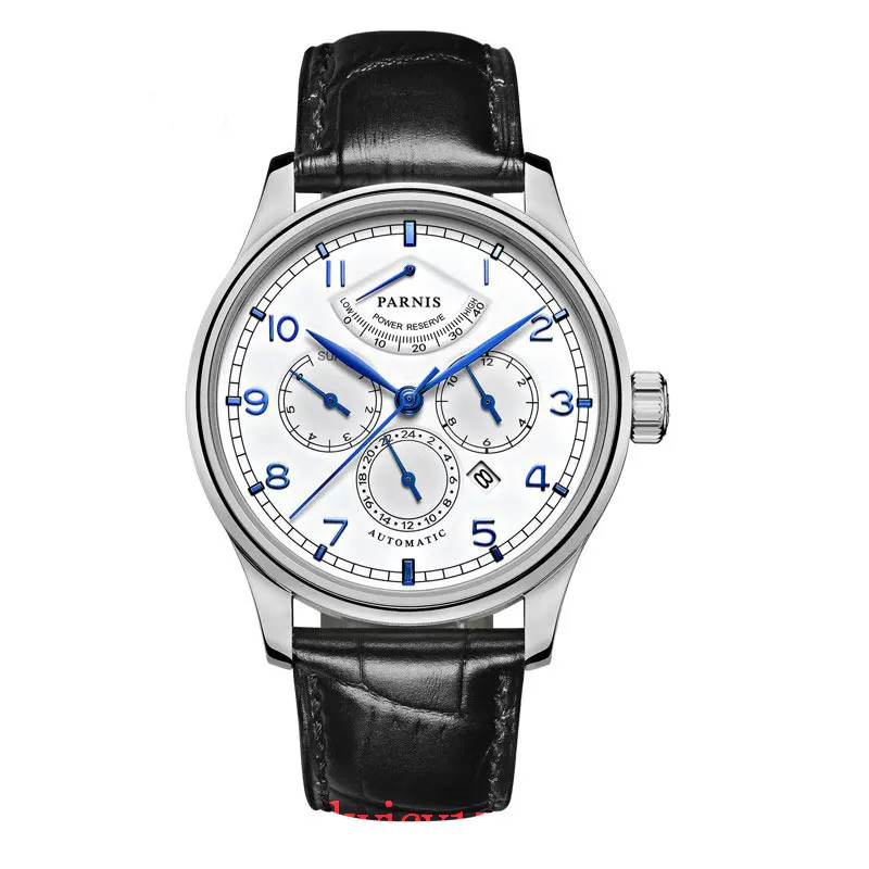 

Luxury Popular PARNIS 42mm Date Week Date Month Indicator High Quality Men Wristwatch Silver Round Case