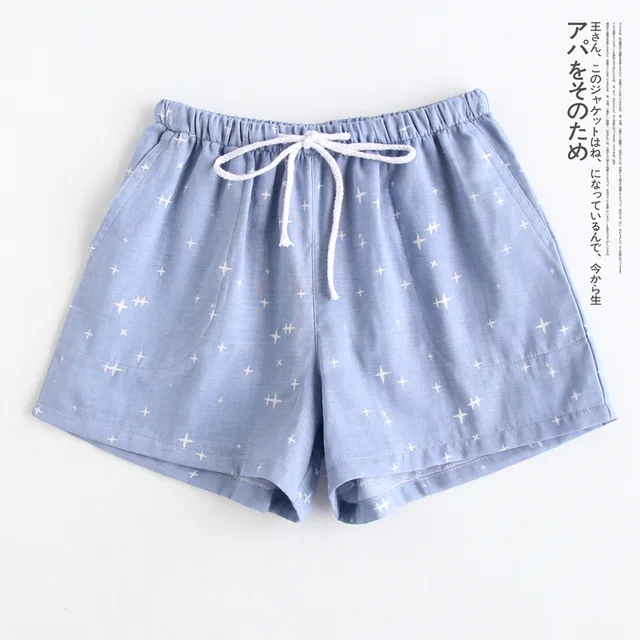 Couple pajamas summer cotton gauze shorts Japanese style simple elastic waist casual large size lattice men and women home pants Lady  blue stars