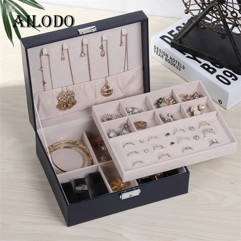 

Ailodo Big Capacity Double Layers Jewelry Box Fashion Necklace Earrings Rings Jewelry Packaging Display Box Drop Shipping BX18