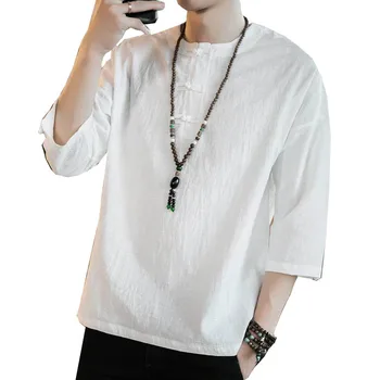 

4XL 5XL Plain Streetwear Linen Blouse Man Fashion Casual 3/4 Sleeve Beach Hawaii Hemp Shirts Casual Office Shirt Men