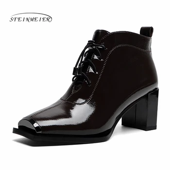 

Women Winter Boots Genuine Leather Ankle Thick Heel 6.5cm ladies Short Boots laces Shoes 2020 Black woman boots Steinmeier