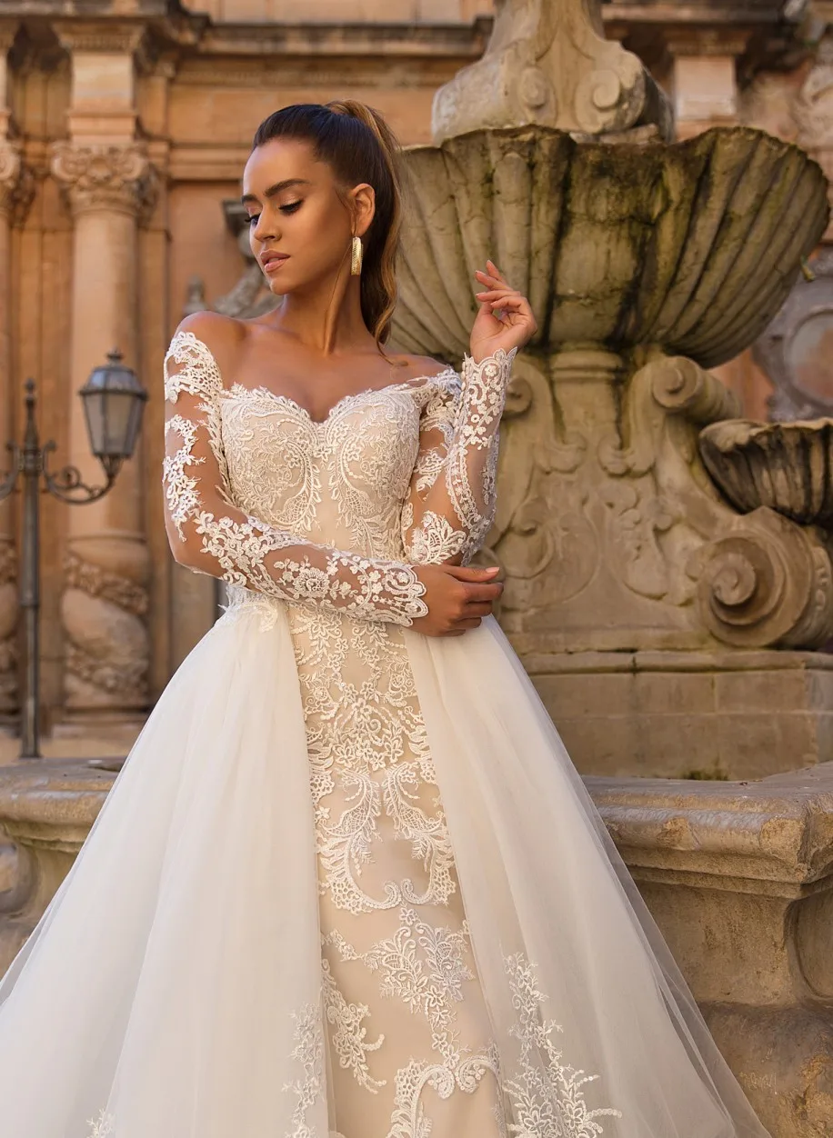 Sexy Mermaid Wedding Dress Detachable Train 2022 Newest Off Shoulder Lace Long Sleeve Button Back Bridal Wedding Gown for Bride 5