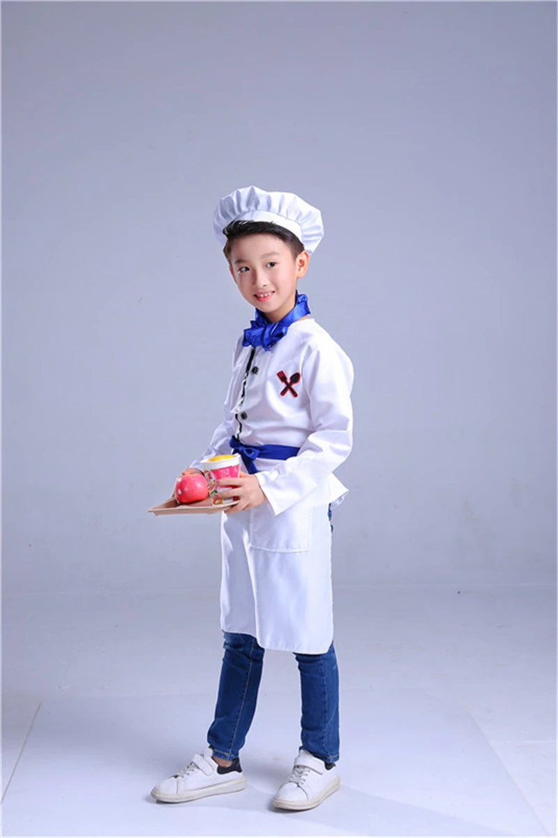 Blue Long Set Новая детская форма шеф-повара для мальчиков, косплей, кустом, кухонная куртка, фартук, шляпа, набор, Униформа, От 3 до 14 лет, одежда для девочек повара - Цвет: Blue Long Set