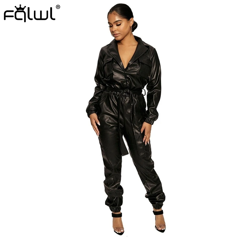 FQLWL, осенне-зимний сексуальный Облегающий комбинезон из искусственной кожи, женский черный облегающий комбинезон с поясом и длинным рукавом, женский комбинезон s