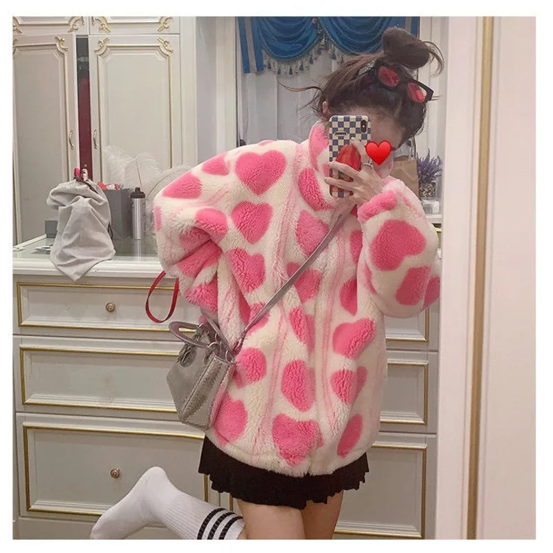 Pink Heart Teddy Faux Fur Jackets Women Outerwear Female Overcoat Winter Coats Japanese Korean Fashion Kawaii Lambswool Coats