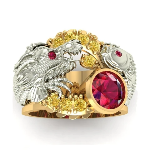 Style Collection! Luxury Men's Domineering Dragon Pattern Rings Inlay Big Red Crystal Ring Rock Biker Wedding Party Jewelry