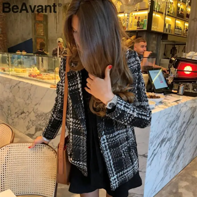 BeAvant, винтажный клетчатый женский Блейзер, пальто, длинный рукав, v-образный вырез, пуговицы, Осень-зима, женские блейзеры, уличная одежда, женские блейзеры, куртки