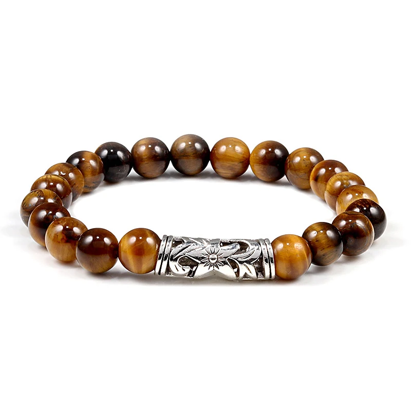 tiger Eye Для мужчин натуральный тигровый глаз выветривается камень лавы бисером браслет на запястье амулет классический черный белый 8 мм молитвенные бусы ювелирные изделия Pulseras - Окраска металла: tiger Eye