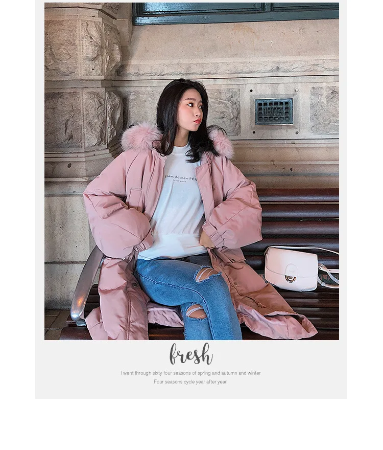 Photo Shoot Main Push CHIC Sweet Flesh Color over-the-Knee Long Hooded Large Fur Collar Best Friend down Coat Cotton Overcoat Wo