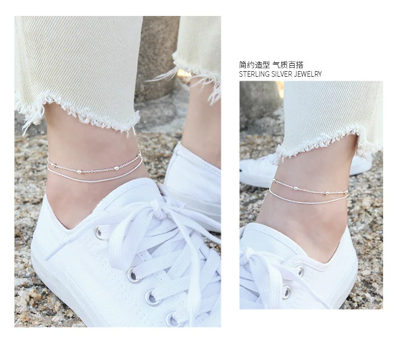 Xd093 корейский стиль S925 тонкие серебряные крутые простые универсальные бусины shuang ceng lian браслет-подвеска на ногу студенческие женские серебряные