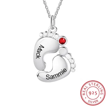 

925 Sterling Silver Personalized Baby Feet Necklace with Birthstone Custom Engraved Name Date Necklaces for Women Fine Jewelry
