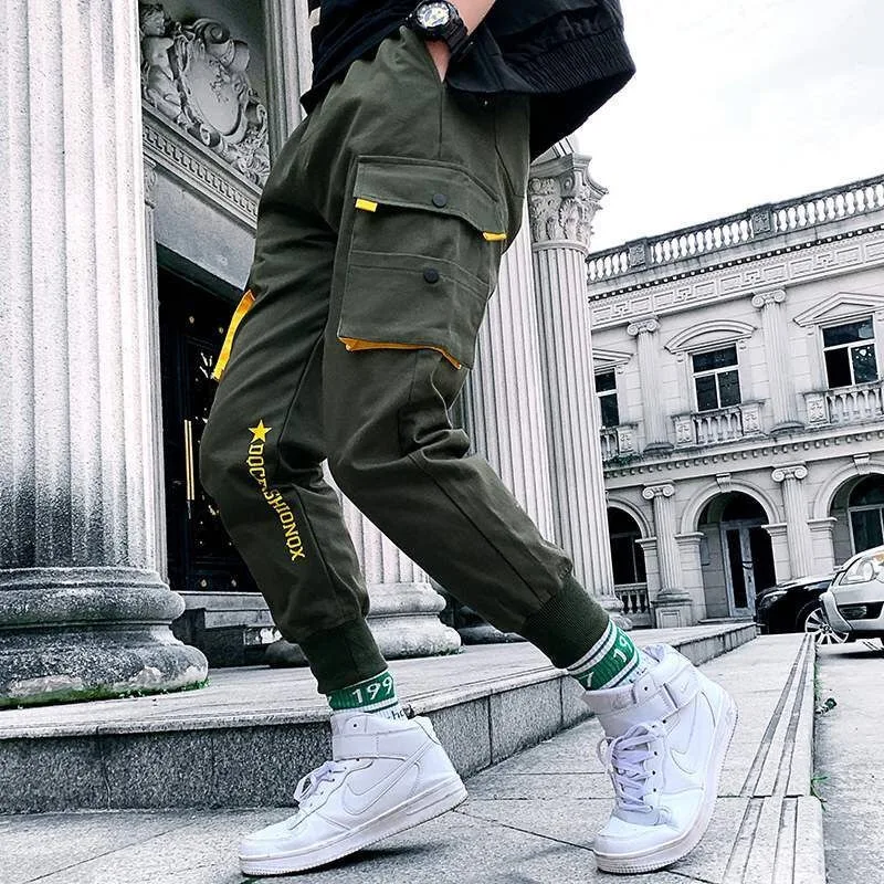 K38 army green Уличная одежда, черные шаровары, Мужские штаны в стиле панк с эластичной резинкой на талии с лентами, повседневные узкие штаны для бега, мужские брюки в стиле хип-хоп - Цвет: K38 army green