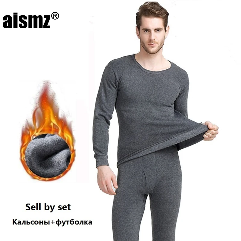 mens long johns set Aismz New Thermal Underwear Sets Men Winter Thermo Underwear Long Johns Winter Clothes Men Velvet Thick Thermal Clothing Solid cotton long johns