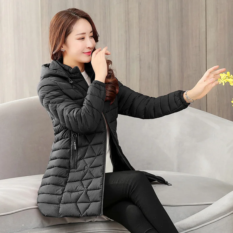 

2019 Winter down Jacket Cotton-padded Clothes Thin Coat Mid-length Large Size Middle-aged Mom WOMEN'S Dress Thick Warm Hooded Wo