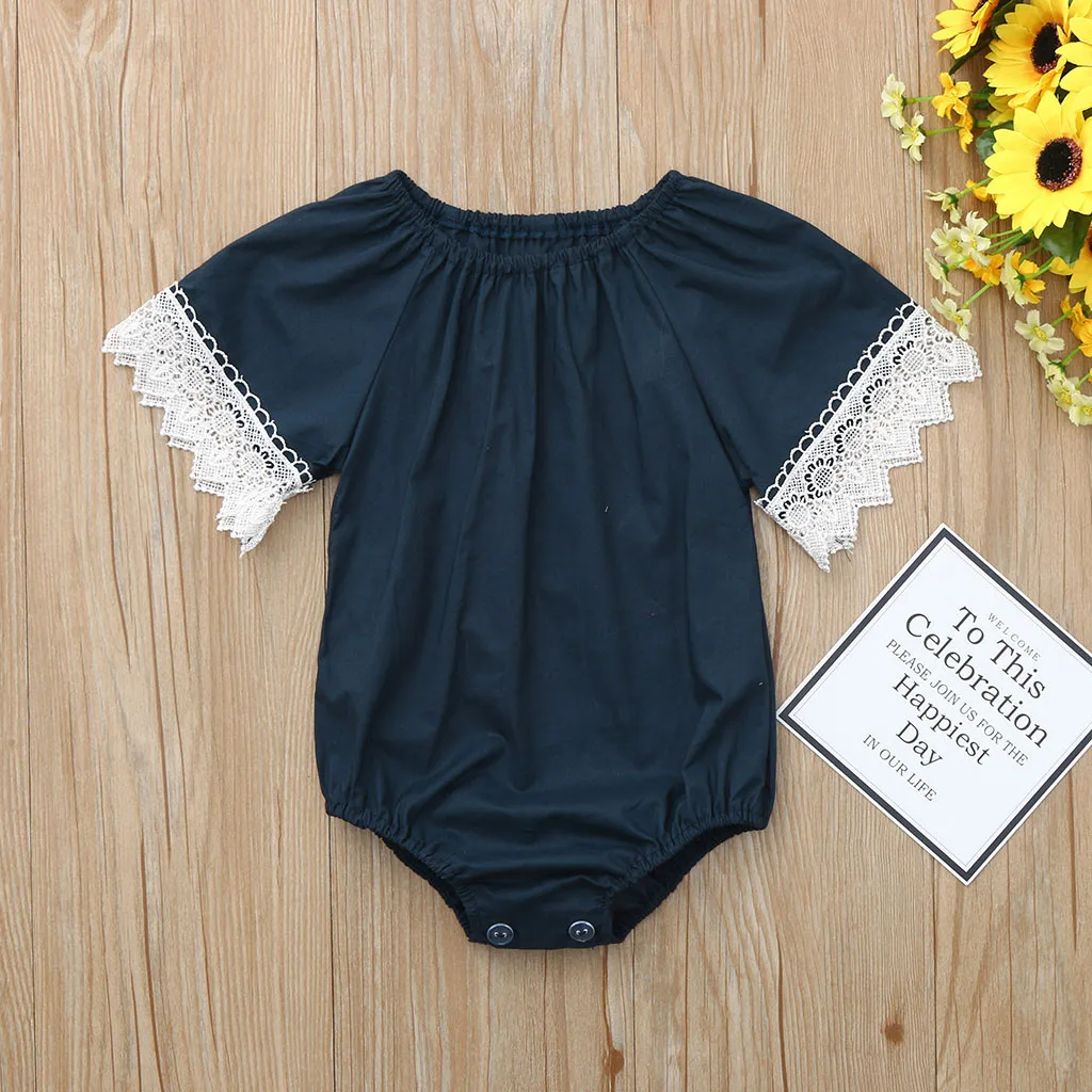 Summer Infant Baby Girls Fashion Jumpsuit Short Sleeve Lace Solid Print Romper Bodysuit Baby Clothes Jumpsuit Playsuit Outfits