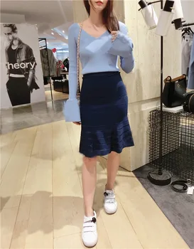 

17 Summer Bright Mercerized Joker Stripes Fishtail Half Body Skirt Black 7607 Lose Money Qing Goods