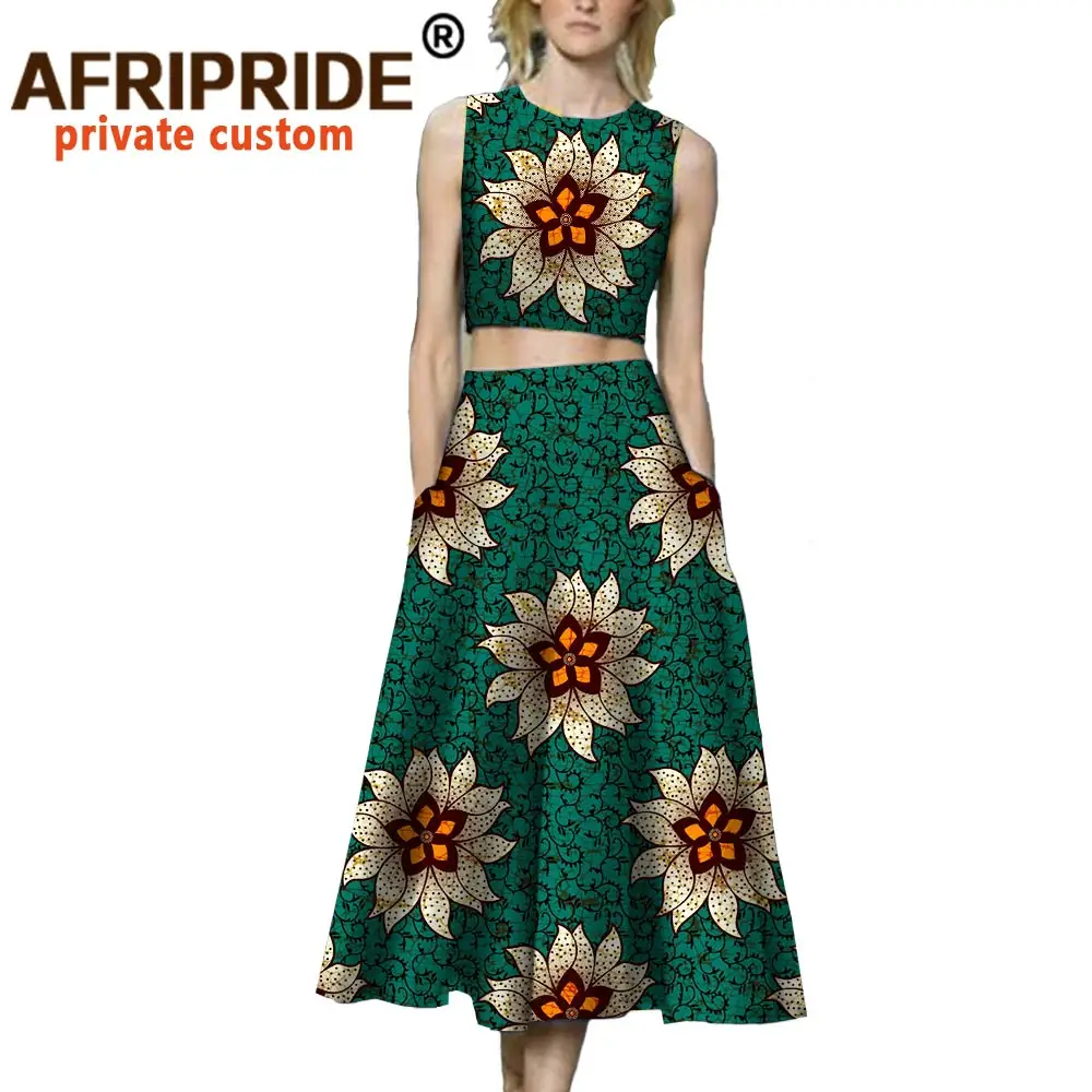 

African 2 Piece Set for Women Ankara Tops and Print Skirts Tracksuit Print Outfits Pockets Sleeveless Wax Cotton Wear A722621
