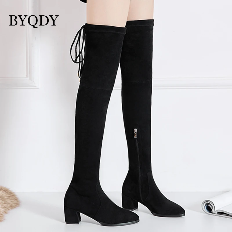 

BYQDY Fashion Flock Over The Knee High Boots Side Zipper Thick Heels Winter Shoes Lacing Up Women Boots Female Shoe Plus Size 43