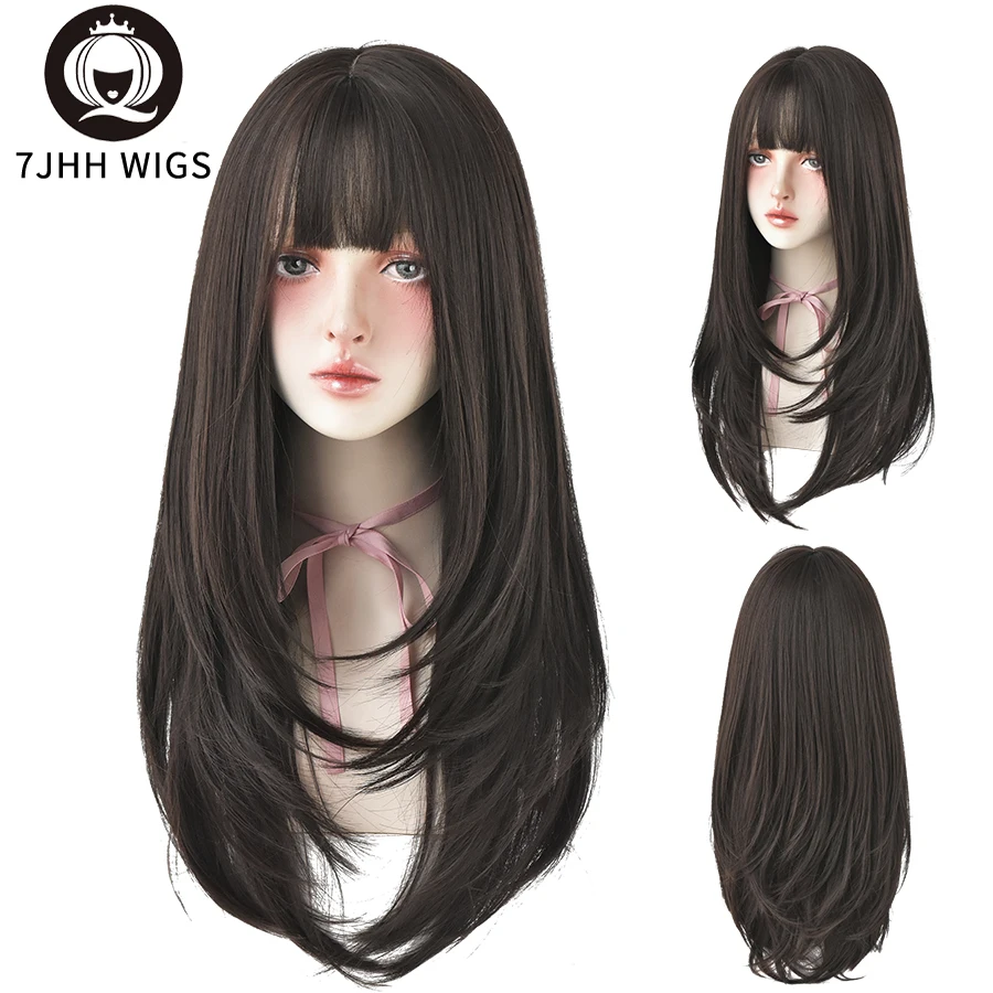 7JHH Synthetic Wigs Long Straight Pink Brown Hair Top Dyed Black Omber Wigs With Bangs For Women Fashion Heat Resistant Wigs