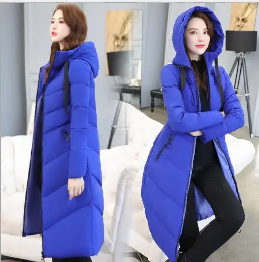 Manteau Femme Hiver размера плюс 6xl пуховое хлопковое пальто с капюшоном для женщин Длинная Офисная Женская Толстая куртка с хлопковой подкладкой Мода M130 - Цвет: Navy Blue