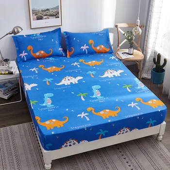 

Boys Cartoon Blue Dinosaur World Printed Bed Sheet with Elastic Band 1pc 100% Cotton Fitted Sheet Queen Mattress Protector Cover