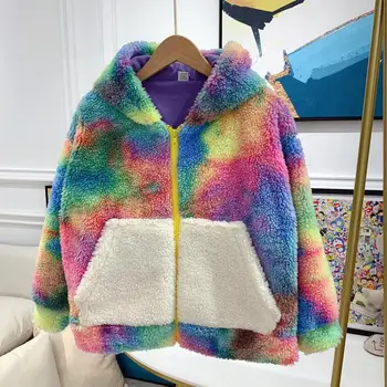 

Children's autumn and winter fashion jacket Rainbow padded lamb cashmere boys and girls hoodie kids coat