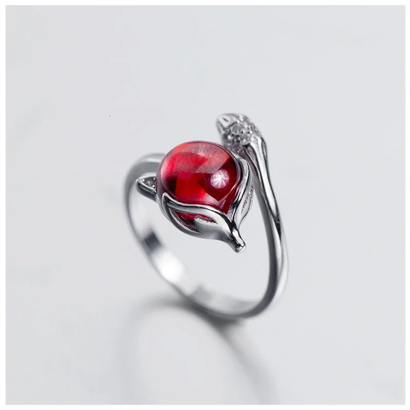 

100% cute Authentic REAL.925 Sterling Silver Fine Jewelry Red crystal Fox shape open Ring Animal adjustable GTLJ1447