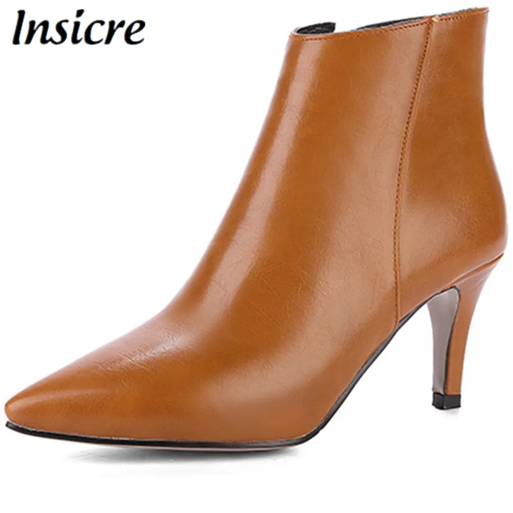 

Insicre Black Microfiber Ankle Boots Pointed Toe Black Army Green Beige Woman Side Zip Plus Size 33-43 thin heels Autumn Boots