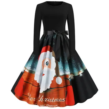 

Christmas Dress Women 2020 Snowman Printed Floral Vintage Dress Robe 50S 60S Full Sleeve Elegant Party Festival Vestidos Gift
