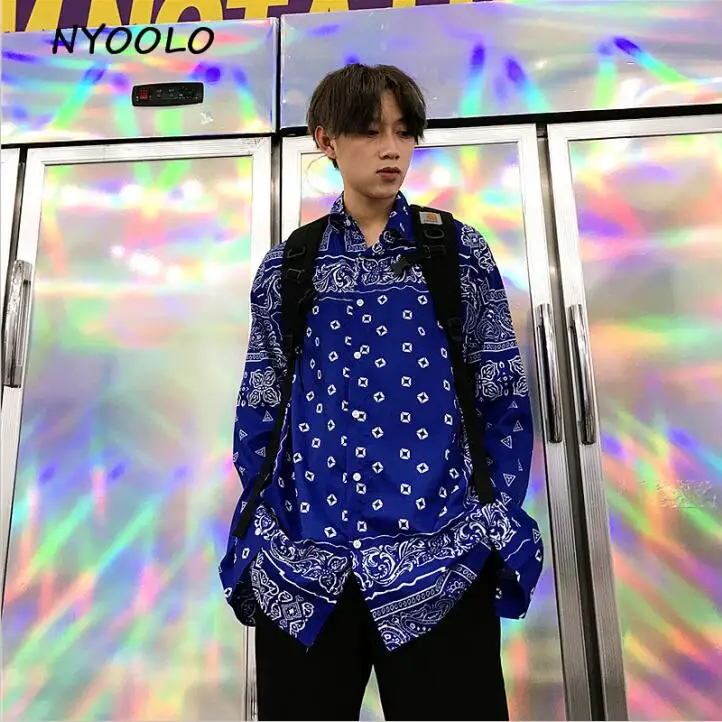 Синий NYOOLO Harajuku стиль уличная рубашка с принтом Пейсли в стиле хип-хоп Осенняя рубашка с длинными рукавами женская и мужская одежда верхняя одежда - Цвет: Синий