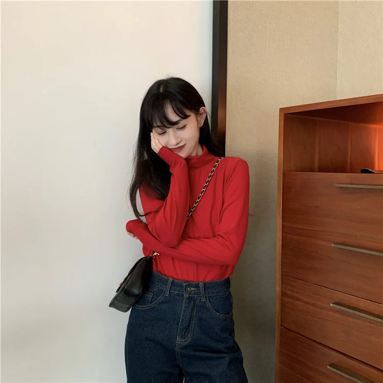 Qiu dong/качественная Стильная однотонная многоцветная Верхняя одежда без подкладки, футболка, Женский Топ с высоким воротом ba