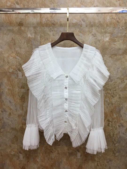 

2019 winter new women wild V-neck splice crimp tops 916 mesh