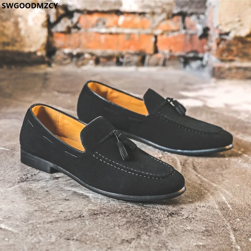 

Мужские замшевые мокасины с бахромой, черные классические туфли, лоферы, деловая элегантная обувь для мужчин, 2024