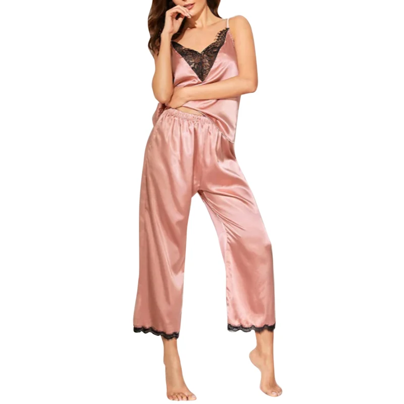 skin color OEAK Women's Sling Pajamas Set Simulation Silk Sexy Lace Large Size Casual Home Pajamas Set New - Цвет: skin color