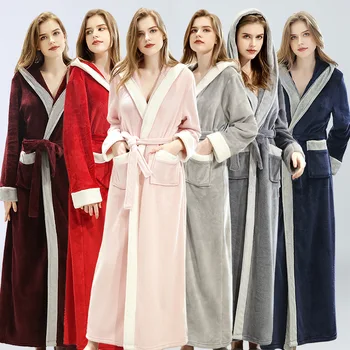 

Christmas Red Woman Winter Thick Warm Robes Flannel Bathrobe Long Hooded With Hat Sleepwear Soft Lengthen Women Pajamas Robe NEW
