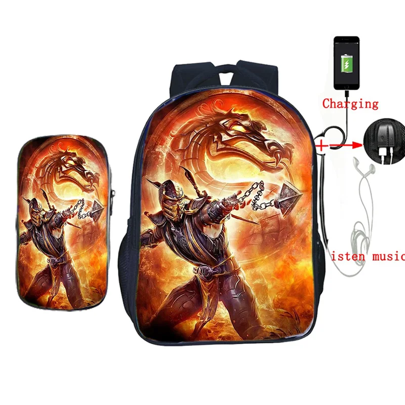 2 Pcs/set USB Charge School Bag Scorpion In Mortal Kombat X Mask Backpack for Teenagers Students Book Daily Laptop | Багаж и сумки